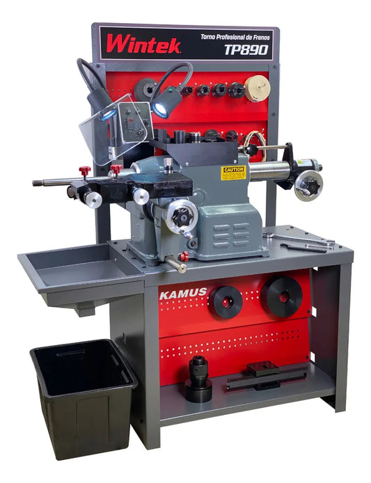 Wintek TP890 torno profesional automático para discos y tambores de freno. Máquina robusta con servomotores eléctricos, velocidad variable, iluminación LED y banco reforzado, ideal para talleres de frenos y mecánica automotriz.