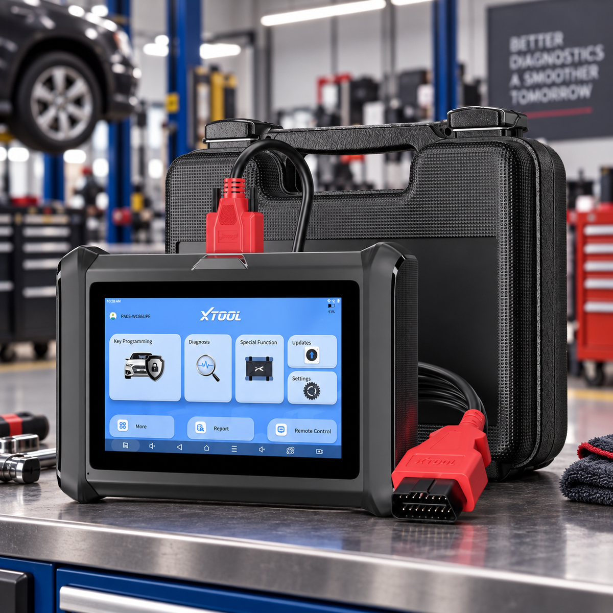 XTOOL X100PADS herramienta de diagnóstico automotriz e IMMO con programación de llaves, pantalla táctil de 7 pulgadas y conector OBD en taller mecánico